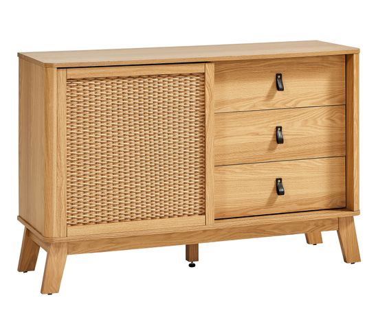 Rangement 3 tiroirs 1 porte imitation rotin MALANG L.120 cm imitation chêne et