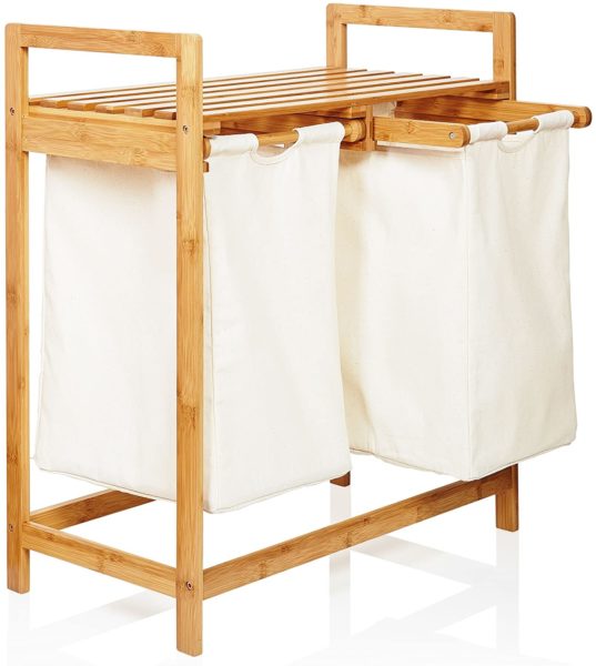 Lumaland Panier de Rangement à Linge en Bambou avec 2 Poches Blancs Amovibles Corbeille Organiser ca. 73 x 64 x 33 cm