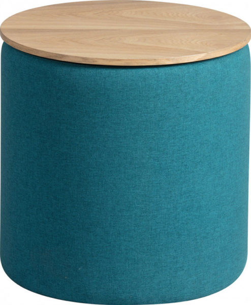 Pouf coffre ronde tissu turquoise avec couvercle frêne