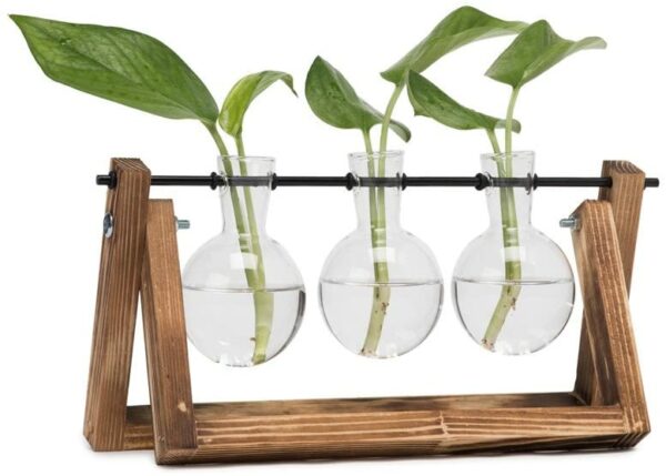 Vases Hyindoor en forme d’ampoule avec support vintage en bois et tige pivotante en métal – Pour plantes hydroponiques – Pots de fleurs en verre pour le bureau ou pour décorer la maison