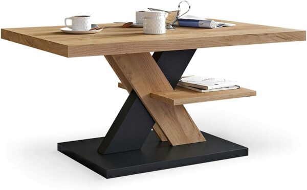 Table basse de salon Chêne et Noir avec étagère