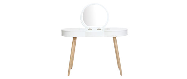 COIFFEUSE SCANDINAVE BOIS BLANC MIROIR ROND NUBE