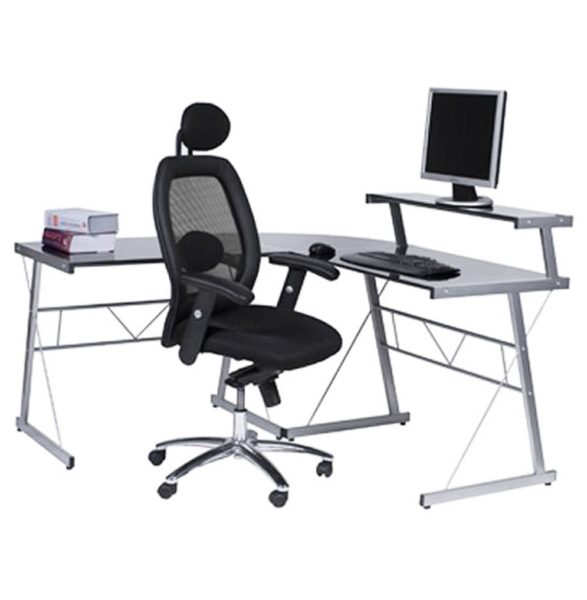 BUREAU D’ANGLE EN VERRE NOIR ‘JOB’ DESIGN INFORMATIQUE