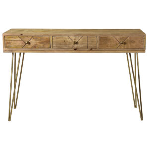 Console avec rangements 3 tiroirs en bois manguier massif gravé et métal doré L120 cm LINIUM